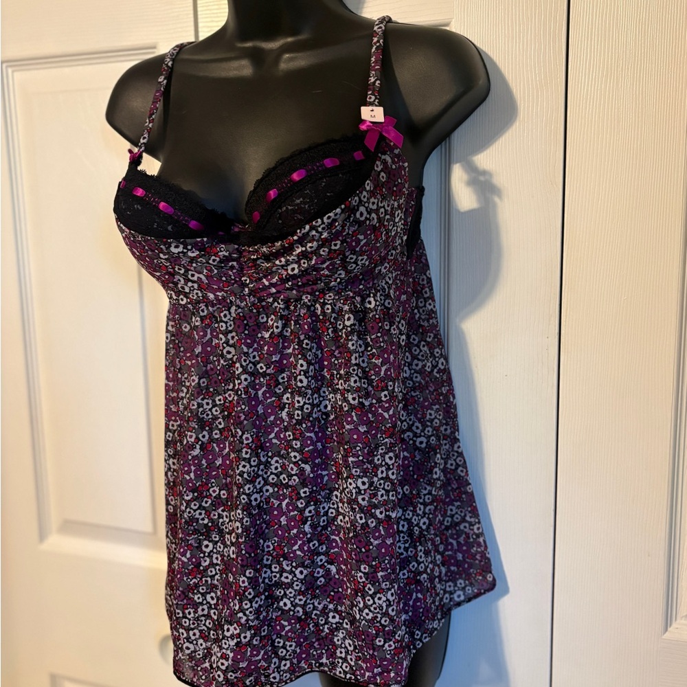La Vie En Rose Purple Floral Lace-Trim Chemise